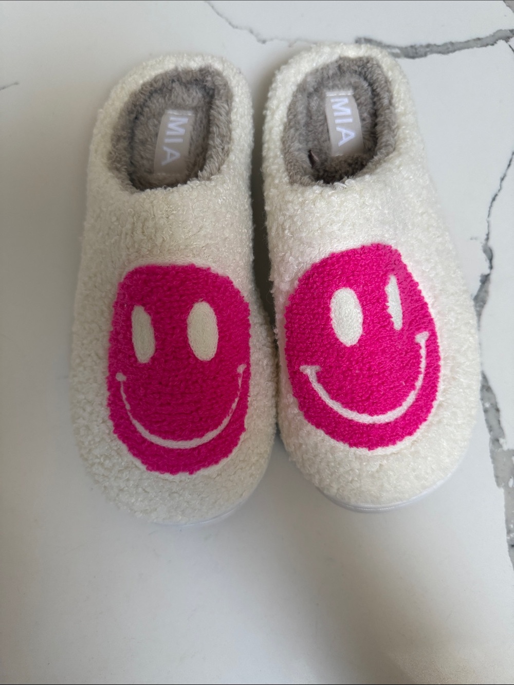MIA Never Worn Cream Slippers with Pink Smiley Faces
